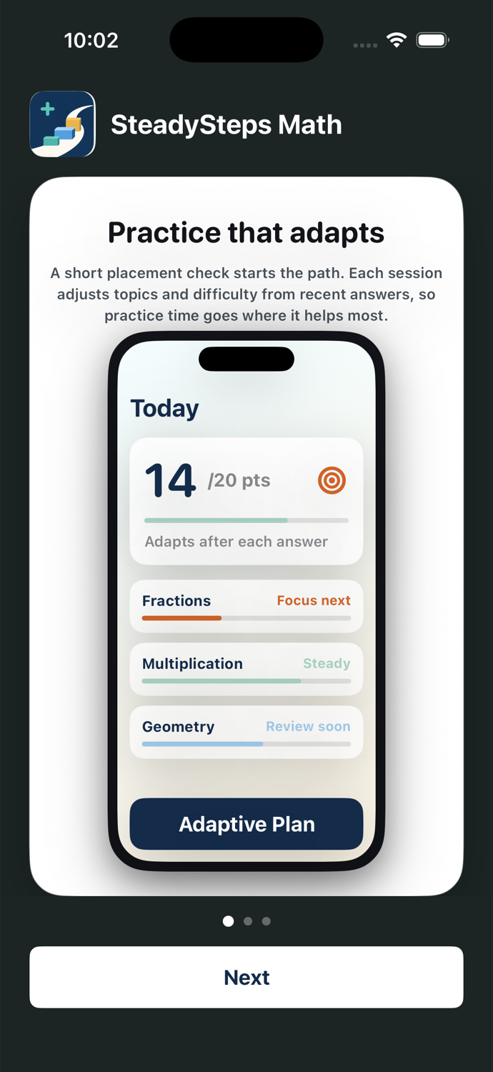 SteadySteps Math app screen showing adaptive math practice.