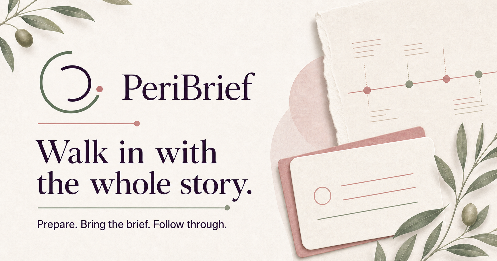 PeriBrief Arc identity with its appointment brief and olive-branch visual.