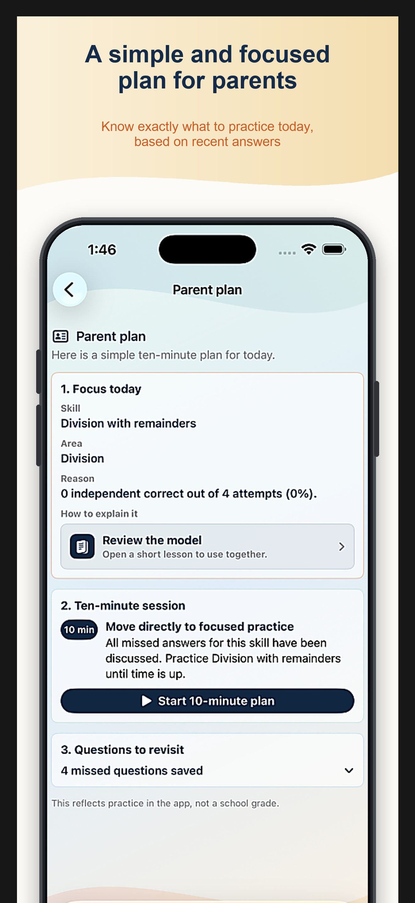 The Parent Plan turns recent answers into a focused ten-minute session.