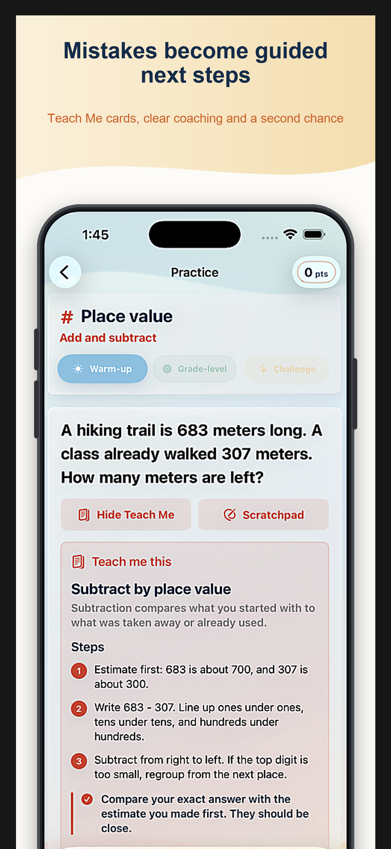 Teach Me explains a mistake in clear, question-specific steps and gives the learner another chance.