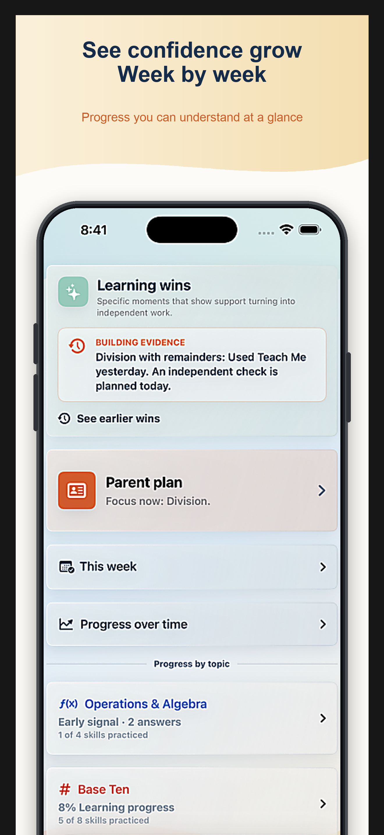 Parent progress views make weekly learning and next steps easy to understand.